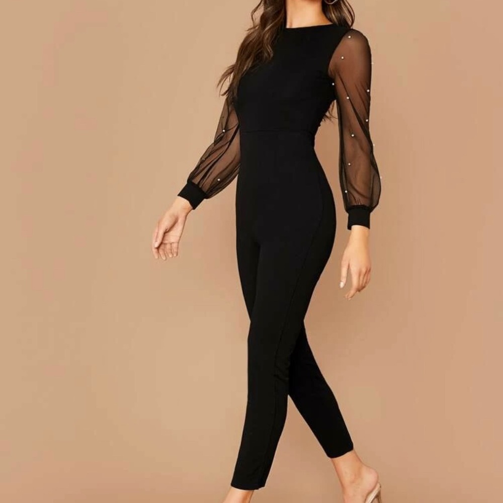 Shein faux Pearl sheer mesh sleeve jumpsuit
